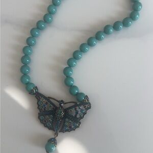 Heidi Daus  Faux Turquoise Beads Butterfly Crystal Rhinestone Necklace